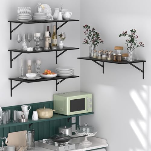 Deep Floating Shelves for Wall Set of 3, 24W x 12 Inch Deep Black Floating Shelves, Wide Floating Wall Mounted Shelves f