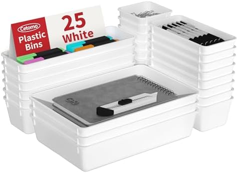 Cetomo 25 Pcs Drawer Organiser Set, Plastic Storage Drawer Organizer, Drawer Dividers, Adjustable and Expandable, Container Tray for Kitchen Utensils, Cosmetic, Makeup, Gadgets, White, 4 Size-25 Pack