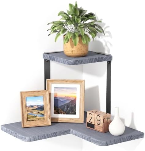 SRIWATANA 2-Tier Corner Wall Shelf,Rustic Wood Display Shelf Weathered Grey