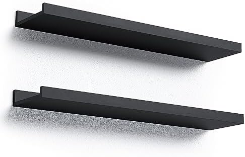 Boswillon Floating Shelves Set of 2, Long Wall Shelf with Lip, 24in, Black