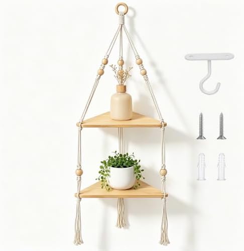 2 Tier Corner Shelf Macrame Wall Hanging, Boho Rustic Wood Storage Holder