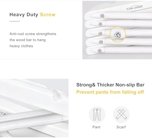 TOPIA HANGER All White Wooden Hangers, Solid Wood Suit Hangers with Extra Thick Hook and Non Slip Pants Bar, Heavy Duty Coat Hangers with Notches, Bridal Hangers for Shirts 16 Pack -CT01W
