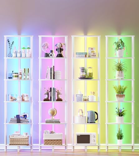 VIMBER Corners Shelf with LED Light, 6-Tier Corner Bookshelf, Industrial Corner-Ladder Shelf, Modern Display Shelf for L