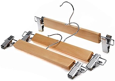 10-Pack Natural Finish Wooden Pant Skirt Hangers with 2-Adjustable Anti-Rust Clips