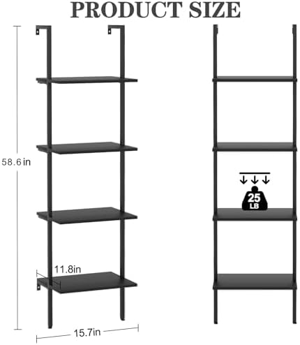 Ladder Shelf 4 Tiers Metal Industrial Bookshelf,Black Wooden Tall Open Storage Rack and Display Shelves,Wall Mount Wide 