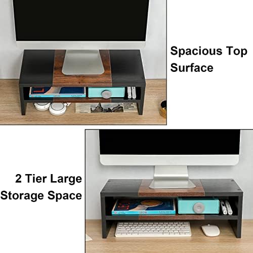 TEAMIX 20 inch Monitor Riser Stand - 2 Tiers, Wood Morden Desktop Bookshelf