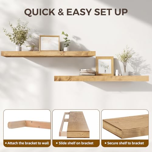 Floating Shelves, 48 Inch Wall Mounted Shelves, Set of 2, Oak
