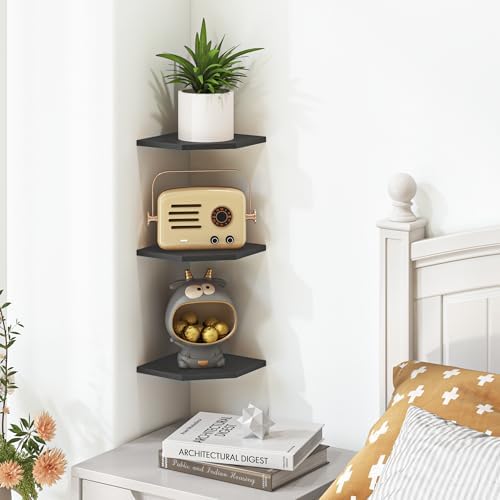 Fun Memories Corner Shelf Wall Mount, Floating Corner Shelves, Set of 6 Corner Wall Shelf Organizer, Rustic Wood Wall St