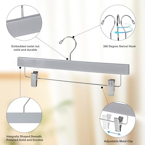 Quality Hangers Wooden Pants Hangers - 10-Pack Swivel Hook Cloth Hanger Set - Lotus Wood Skirt, Pant, Shorts and Slack Hangers with Adjustable Clip – Gray Clothing Hanger (Gray, 10)