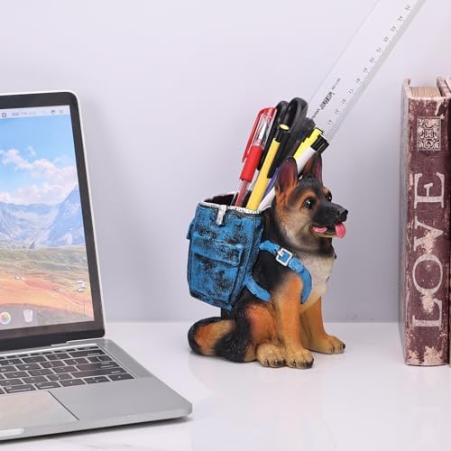 SHENGTIAN Cute German Shepherd Pen Holder, Resin Dog Pencil Holder for Desk