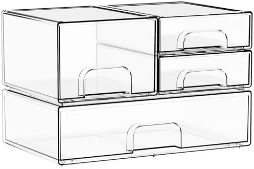 Yieach 4 Pack Clear Stackable Storage Drawers,Acrylic Drawer Organizer for Medicine,Palettes,Hair Accessories and Makeup