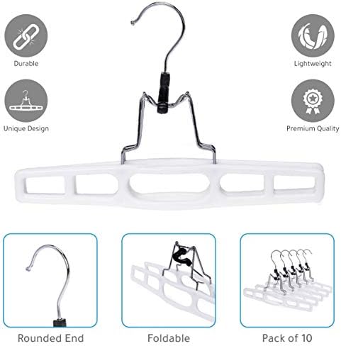 Quality Hangers 10 Pack Premium Skirt Hangers - Thin Space Saving Pant Hangers Set with Clamp, Shorts Hangers with Heavy Duty Locking Clasp, Multipurpose Jean Hangers Set - White