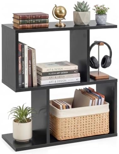 Tangkula 2 Tier Geometric Bookshelf, Freestanding Wood Display Shelf, Home Office Room Divider S Shaped Open Bookcase, S