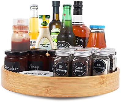 Lazy Susan Organizer 14 inch, Bamboo Lazy Susan for Table, Kitchen Turntable Organizer with Double Handles, Round Wood R