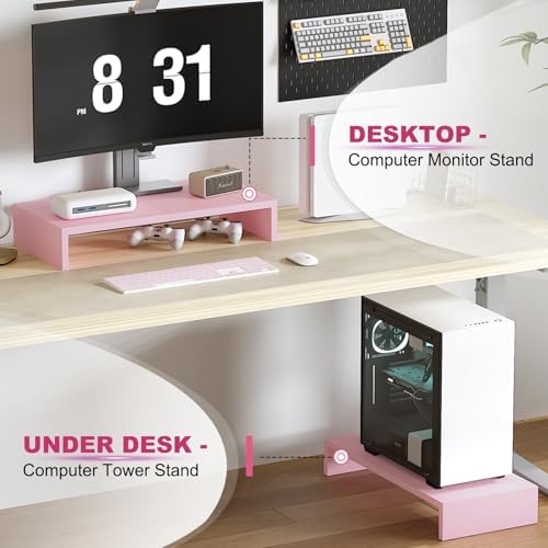 TEAMIX 2 Pack Pink Monitor Riser-20L inch, Cute Monitor Stand for Desk, Wood Sturdy TV/Screen/PC/Printer/Laptop Riser, C