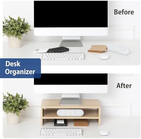 FITUEYES Wooden Monitor Stand Riser, 2-Tier Desk Storage Shelf, Oak
