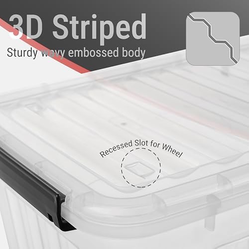 Cetomo Plastic Storage Bins, Lidded Storage Box with Wheels for Home Office Dorm, Wheeled, Stackable, Clear, 40Quart-6 P