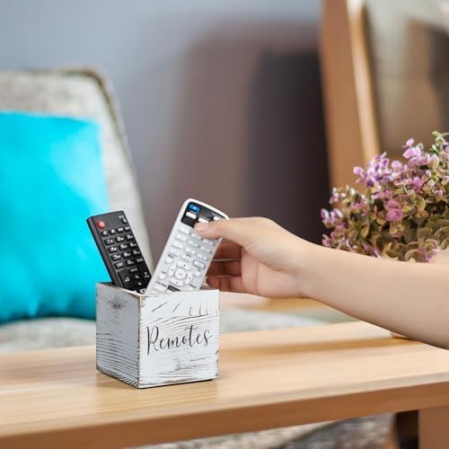 DRASTAR Remote Control Holder, Wood TV Remote Holder, Remote Storage Caddy, Remote Control Organizer (Retro White, 1 Slot)