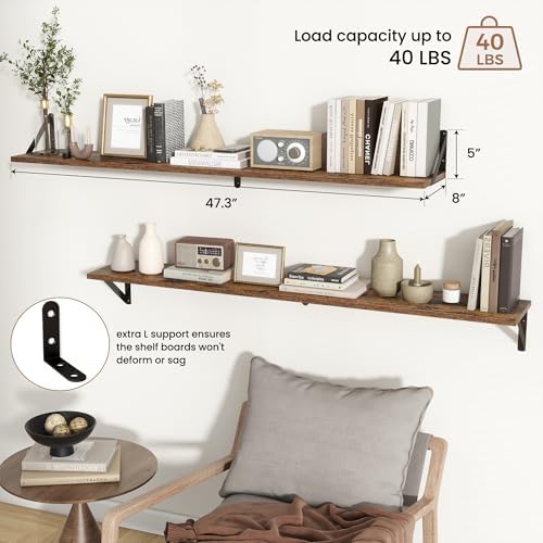 Axeman 48 Inch Floating Shelves, 8 Inch Deep Brown Wall Shelves Set of 2