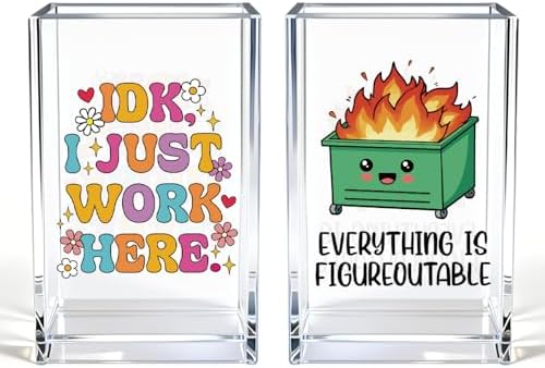 Funny Dumpster Fire Work 2 Pack Acrylic Cosmetic Pencil Pen Holder Cup, Cute Office Pen Holder for Desk, Funny Work Burnout Gifts for Coworker Friend, Mental Health Gifts for Women Boss Teacher