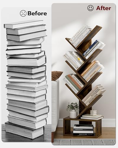 6 Tier Tree Book shelf - Small Bookcase and Small Bookshelf for Small Spaces, 15.0-Inch Wide Rustic Standing Organizer w