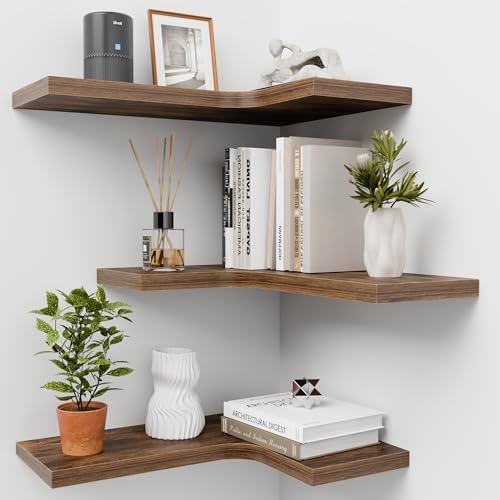 Corner Floating Shelves for Wall Mounted L-Shaped Wood Corner Wall Shelf, Hanging Shelf for Bathroom, Bedroom, Kitchen, 