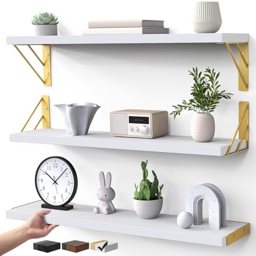 BAYKA 22.4 in Long Wall Mounted Floating Shelves (White and Gold, Set of 3)