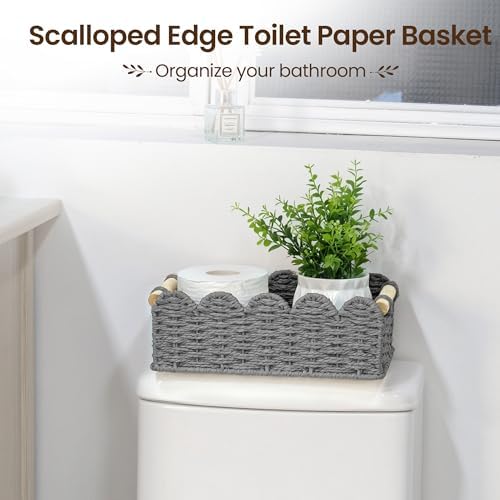 iEGrow Paper Rope Small Storage Baskets for Organizing, Set of 2 Scalloped Edge Wicker Basket with Wooden Handles Toilet Paper Basket for Over Toilet Storage Shelf, Home Decor, Living Room (Grey)
