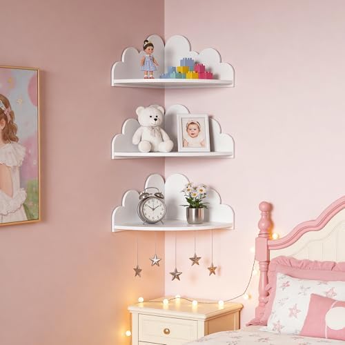 White Cloud Floating Corner Shelves Set of 3, Corner Shelves Wall Mounted for Kids Room Nursery, Cloud Decor Wall Shelf 