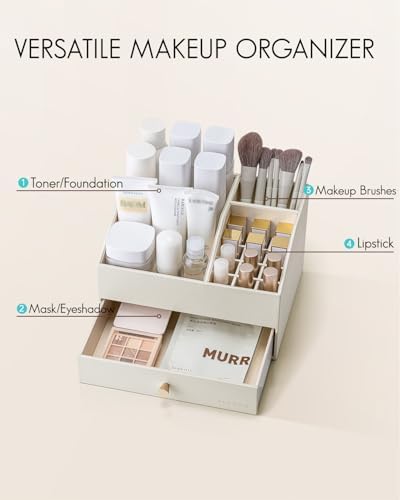 VLANDO 2-Layer Makeup Organizer with Drawers for Vanity,Beige