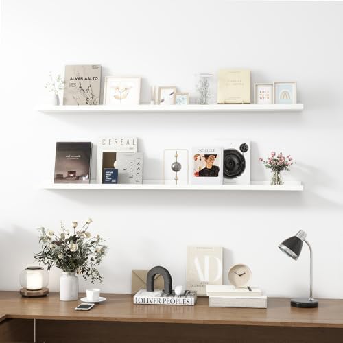 Acovy Picture Ledge Shelf, Wood Long Floating Shelves for Wall, Set of 2, 56 inch Picture Ledge Shelves, Photo Ledge Nursery Book Shelves Wall Mounted for Living Room Kids' Room Bedroom, Color White