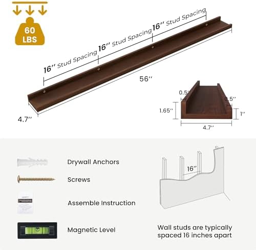 Acovy Solid Ash Wood Picture Ledge Shelf, 56 Inch, Walnut, Set of 2