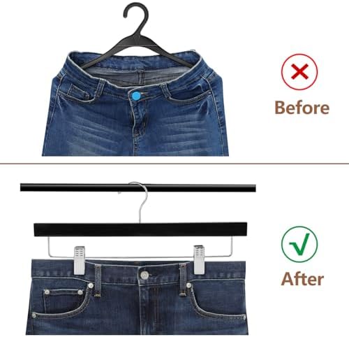 AMKUFO 20pcs Wooden Pants Hangers Solid Pants Hangers with Adjustable Clips 14 Inch Black Wood Skirt Hangers Trousers Bottom Hangers with Non-Slip Clips and 360° Swivel Hook
