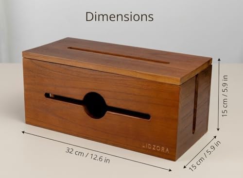 Wooden Cable Management Box for Power Strips, Desk Cord Organizer for Home Office & TV Stand, Hidden Cable Storage with 
