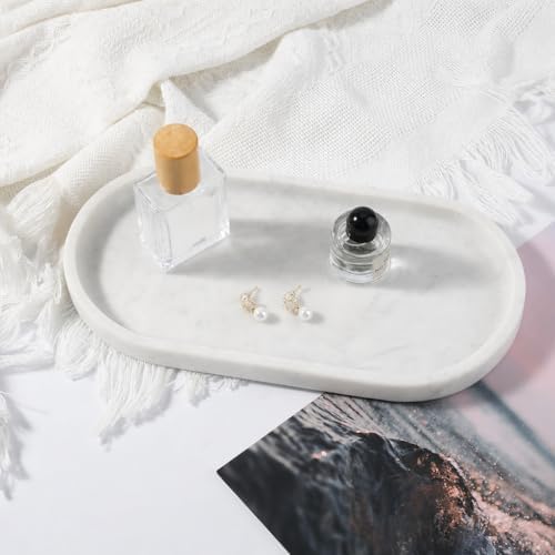 Koville Natural White Marble Tray for Home Decor, 10" x 5" Marble Vanity Tray for Bathroom Countertop Organizer Stone Tr