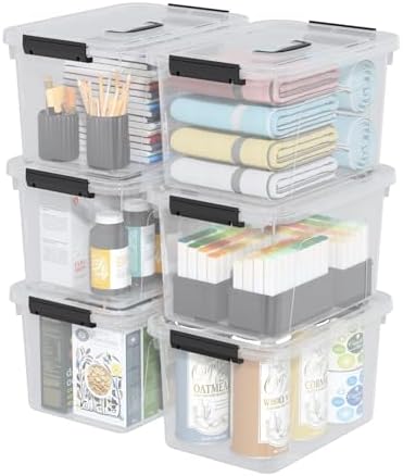 6 Pack 6 Quart Small Clear Plastic Storage Bins with Handles