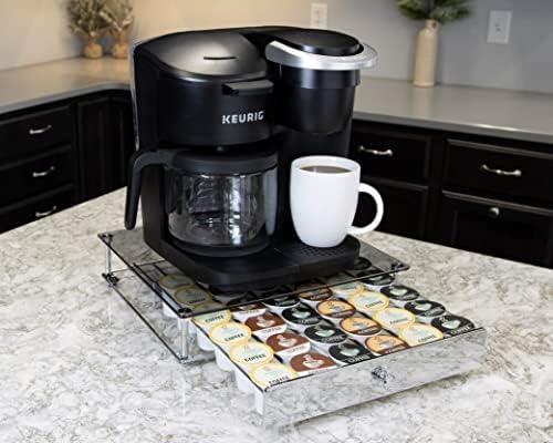 Nifty Rolling Coffee Pod Drawer - Glass Top & Chrome Finish, Compatible with K-Cups, 36 Pod Pack Holder, Compact Under C