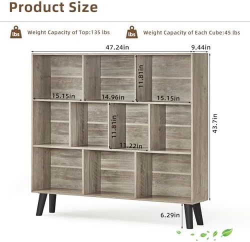 LEYAOYAO 10 Cube Bookshelf,Mid-Century Modern Bookcase with Legs,Retro Grey