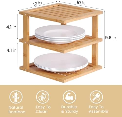 4 Pack Bamboo Corner Shelf,3 Tier Kitchen Cabinet Organizer for Plates and Dishes,Pantry Storage and Spice Rack（Natural）