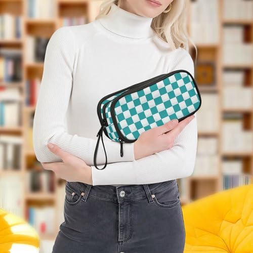 Wfrish Blue Checkerboard Pencil Case Football Pencil Pouch Big Capacity 3 Compartments Back to School Supplies for Teen Girl Boy Pouch Pen Bag Large Storage Organizer with Zipper Handle for Men Women