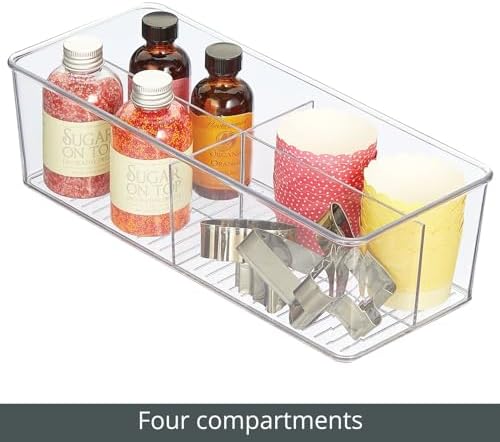 mDesign Plastic Kitchen Cabinet Storage Organizer Bin Box - 4 Divided Sections for Pantry Shelves, Countertops, Island, 