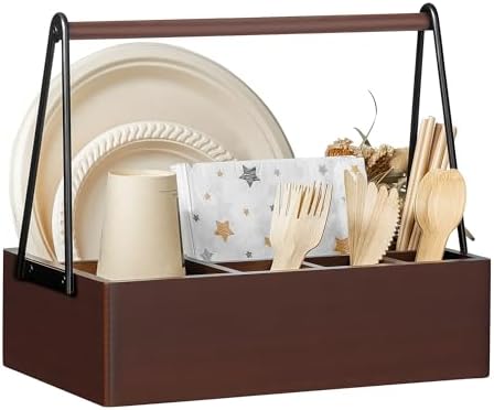Silverware Caddy with Handle Acacia Wood Utensil Holder Paper Plate Holder