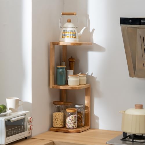 Corner Shelf Stand Desk Organizer,26.8" H Rubberwood Brown Rack for Small Spaces, Bedroom,Home Office,Kitchen,Bathroom (