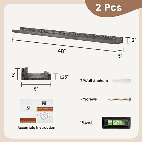 FLYJOE 48 Inches Long Floating Shelves for Wall, Solid Pine Wood Picture Ledge Shelves, Wall Shelves with Lips, Nursery Book Shelves for Toys Storage Living Room Bedroom Photo Frames (2 Pcs, Grey)