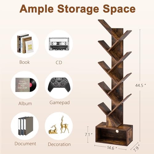 Hoctieon 9 Tier Tree Bookshelf, Tall Bookcase with Drawer, Wood Book Shelf, Modern Floor Standing Bookshelves, Book Orga