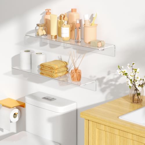 FEMELI 2 PCS 24" Acrylic Floating Shelves, Clear Shelf for Wall Display