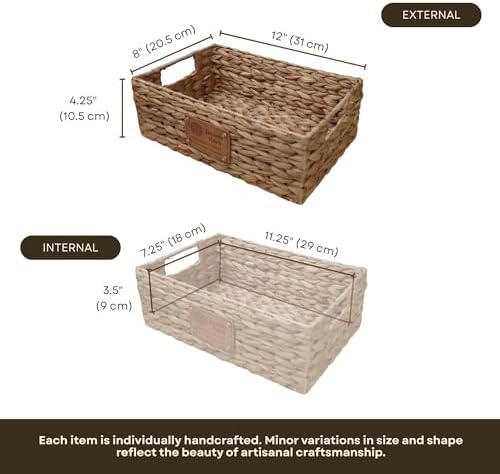 Wicker Storage Baskets for Shelves, 2 Pack, 12" x 8" x 4" | Small Woven Baskets for Organizing, Water Hyacinth Baskets, 