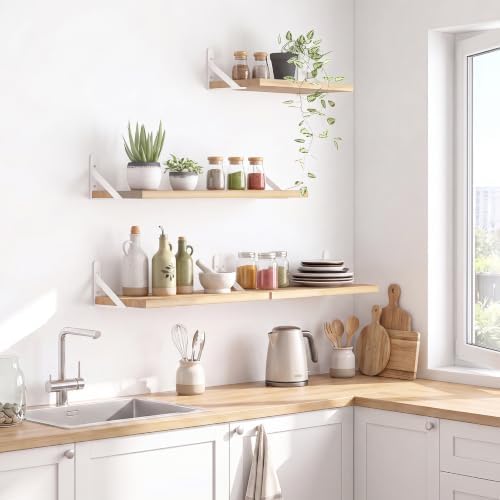 YGEOMER 4 Different Sizes Floating Shelves for Wall Decor, Natural Wood