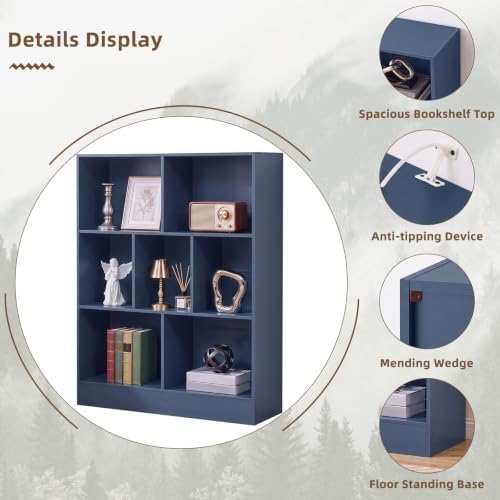 YAHARBO 3 Tier 7 Cube Mini Thin Bookshelf,Short Shallow Bookcase,Dark Blue