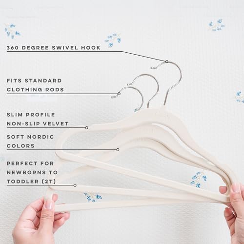 3 Sprouts Velvet Baby Hangers - Non-Slip Hanger for Infant, Toddler, Baby Clothes - Closet Kids Hangers with Slim Design, Nordic Colors, Pack of 30 - Cream